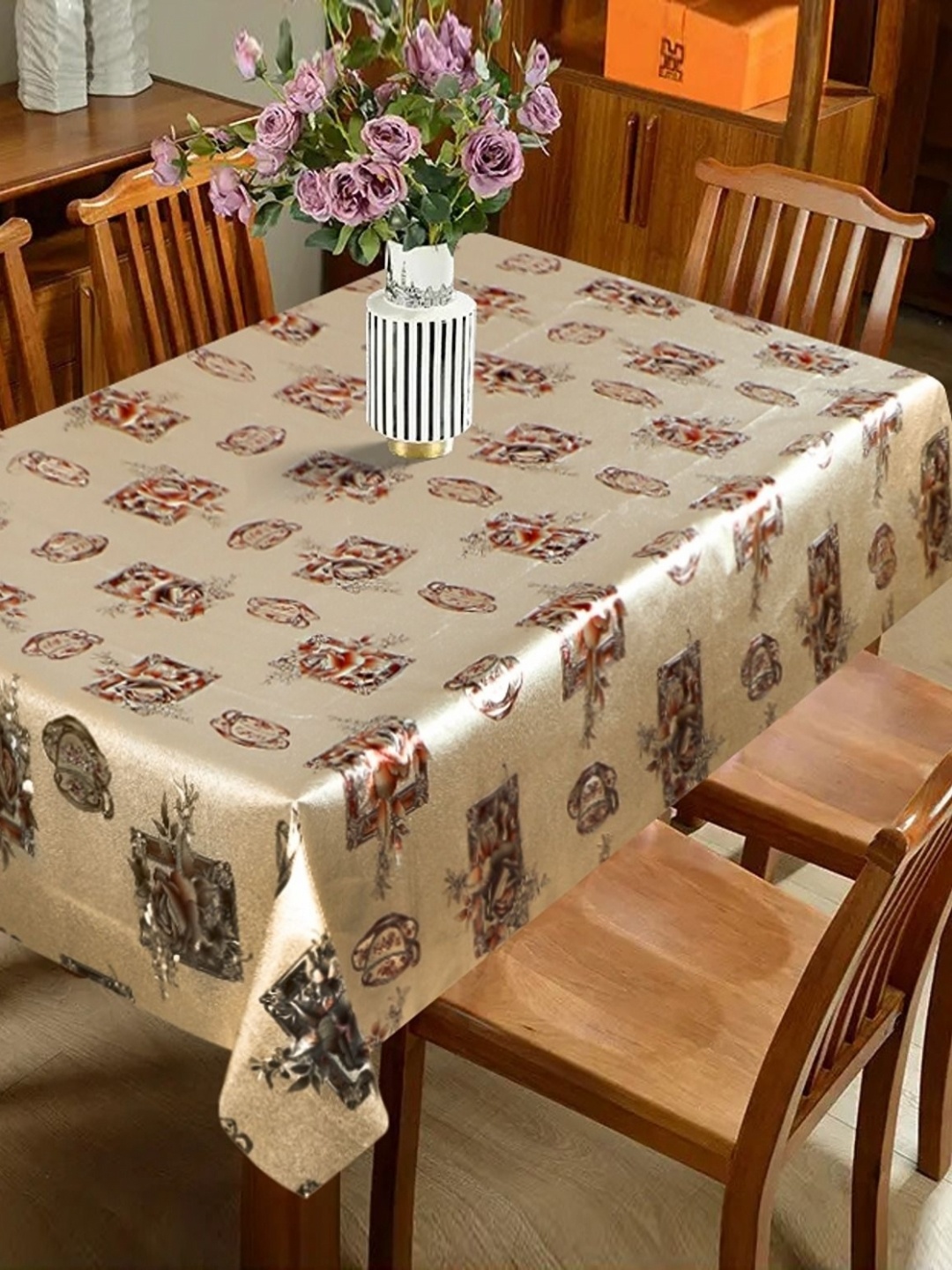 

Dakshya Industries Gold-Toned & Brown Floral Rectangle Waterproof 6-Seater Table Cover