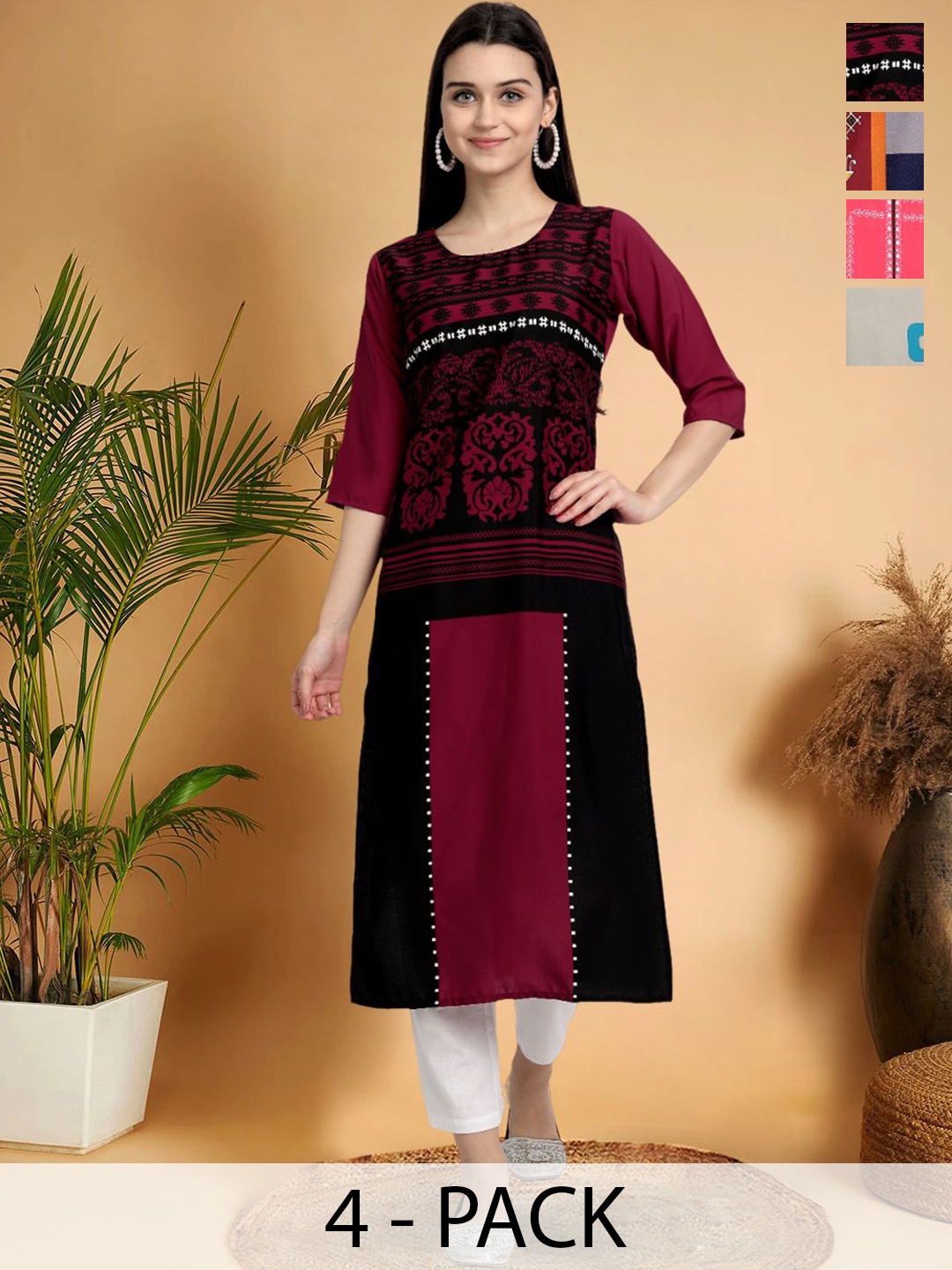 

7Threads Selection Of 4 Ethnic Motifs Printed Round Neck Straight Kurtas, Black
