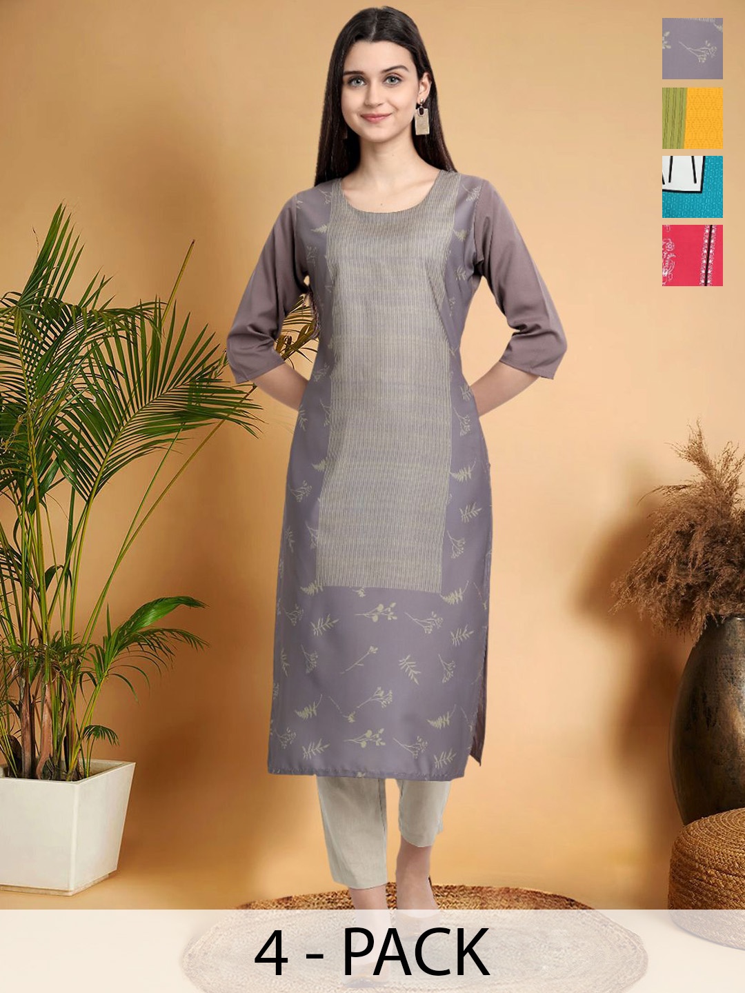 

7Threads Selection Of 4 Ethnic Motifs Printed Round Neck Straight Kurtas, Grey