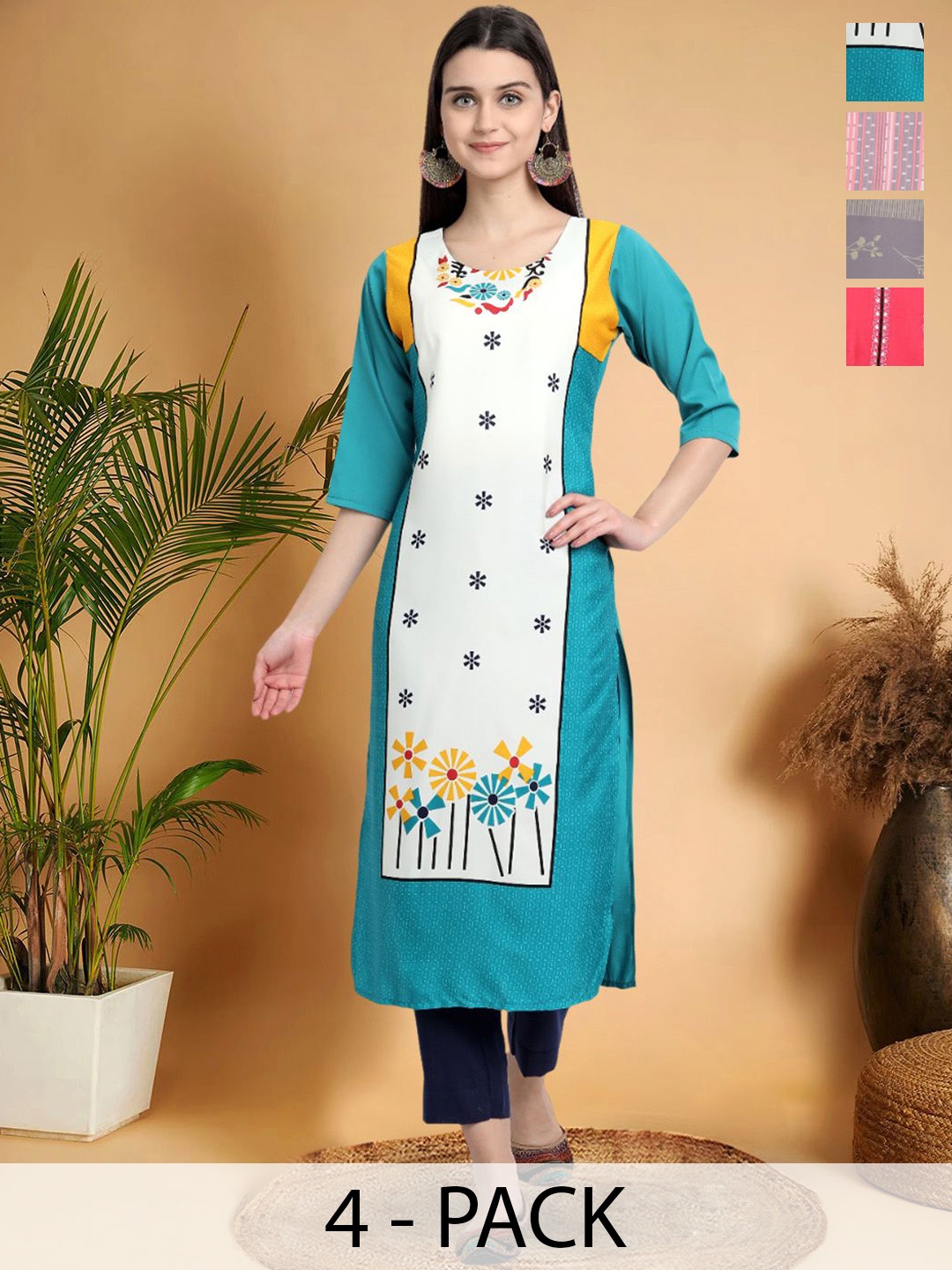 

7Threads Selection Of 4 Ethnic Motifs Printed Round Neck Straight Kurtas, Turquoise blue