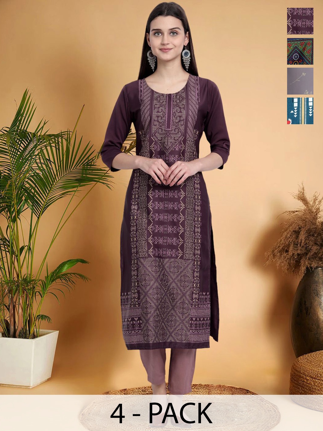 

7Threads Selection Of 4 Ethnic Motifs Printed Round Neck Straight Kurtas, Purple