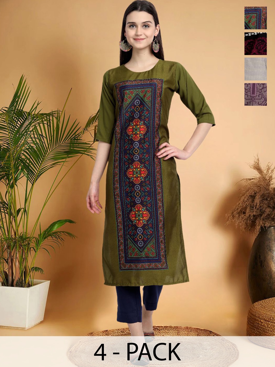 

7Threads Selection of 4 Ethnic Motifs Printed Round Neck Straight Kurtas, Green