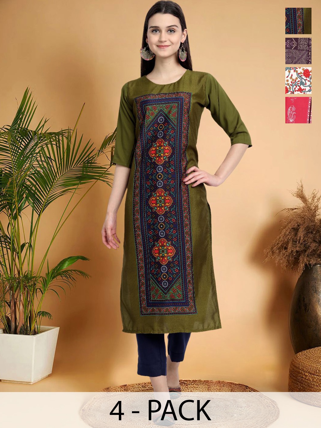 7Threads Selection of 4 Ethnic Motifs Printed Round Neck Straight Kurtas, Green