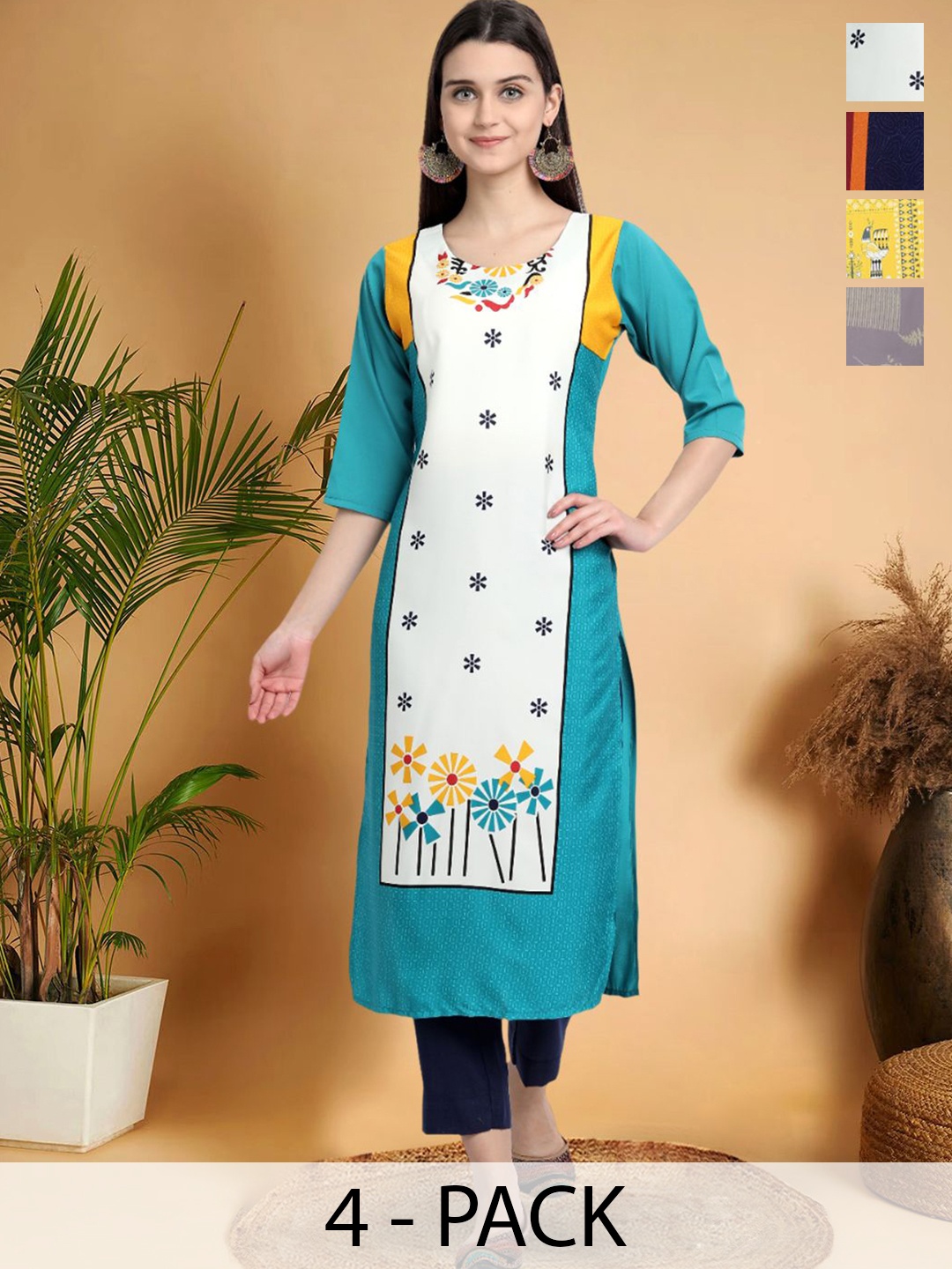 

7Threads Selection Of 4 Floral Printed Round Neck Straight Kurtas, Turquoise blue