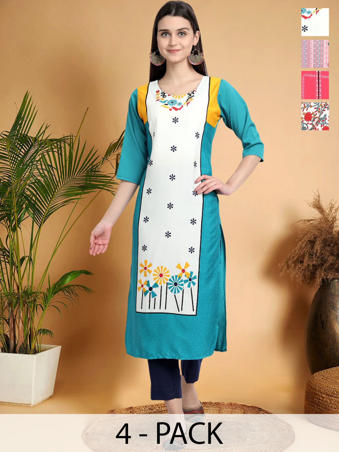 

7Threads Selection of 4 Floral Printed Round Neck Straight Kurtas, Turquoise blue