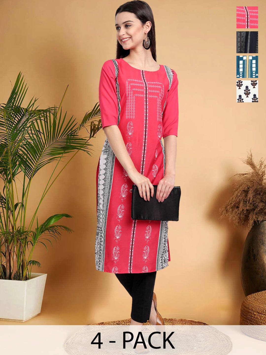 

7Threads Selection of 4 Ethnic Motifs Printed Round Neck Straight Kurtas, Pink