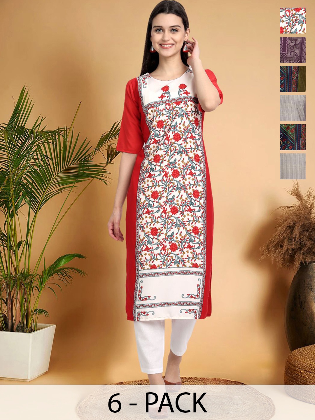 

7Threads Selection of 6 Floral Printed Round Neck Straight Kurtas, Red