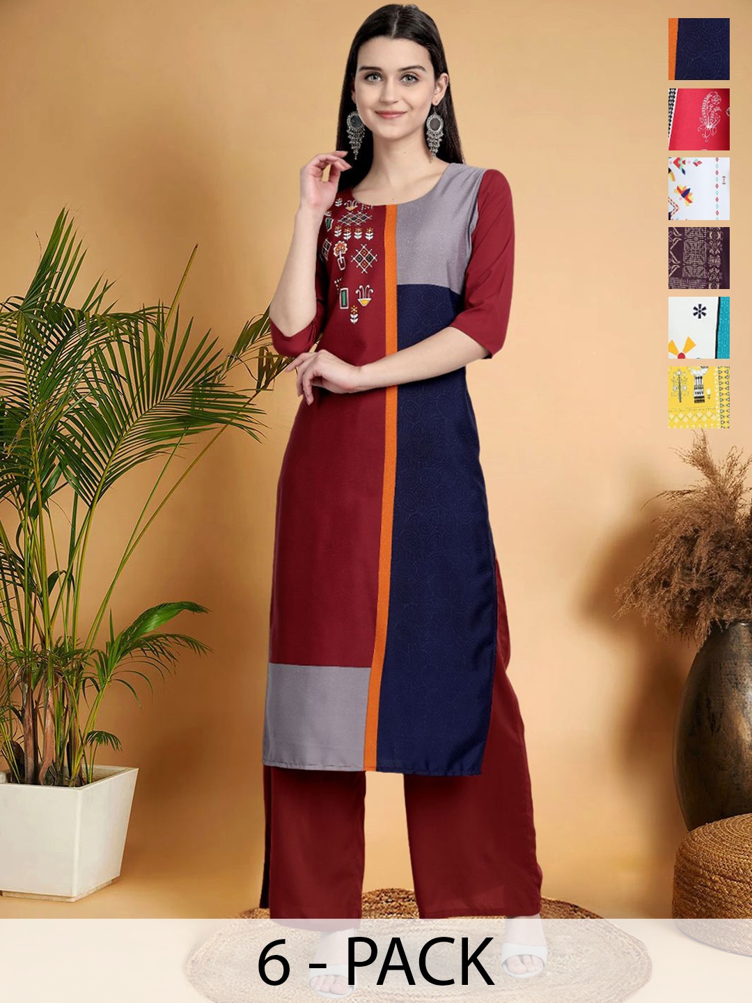 

7Threads Selection of 6 Colourblocked Printed Round Neck Straight Kurtas, Maroon