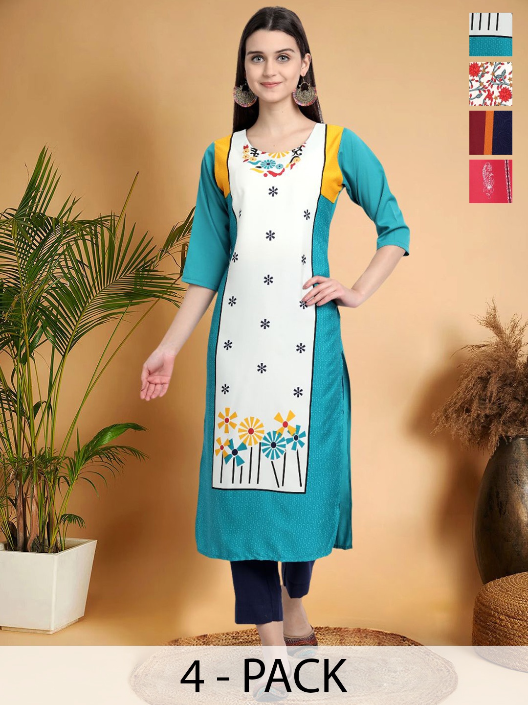 

7Threads Selection of 4 Floral Printed Round Neck Straight Kurtas, Turquoise blue