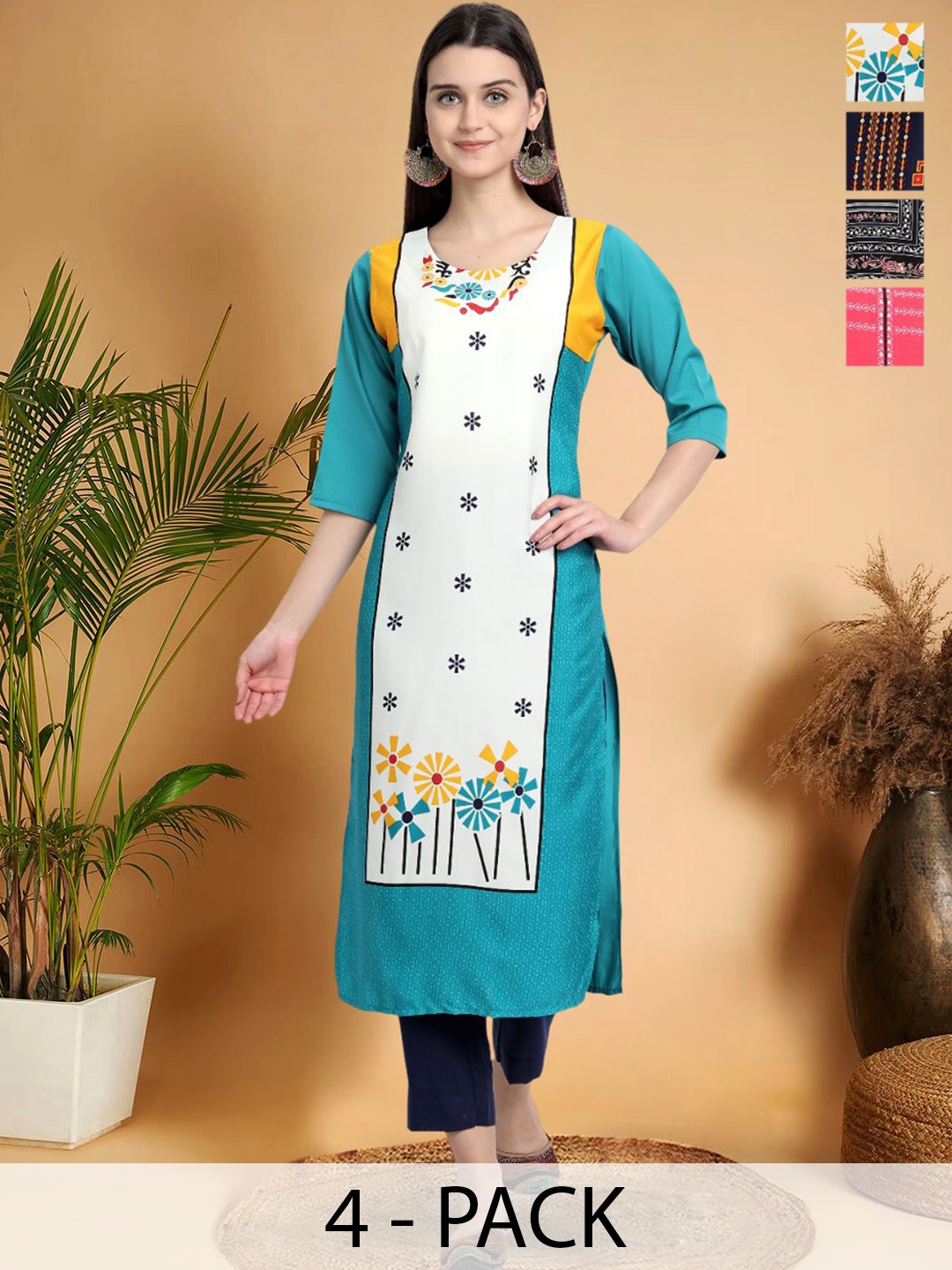 

7Threads Selection of 4 Floral Printed Round Neck Straight Kurtas, Turquoise blue