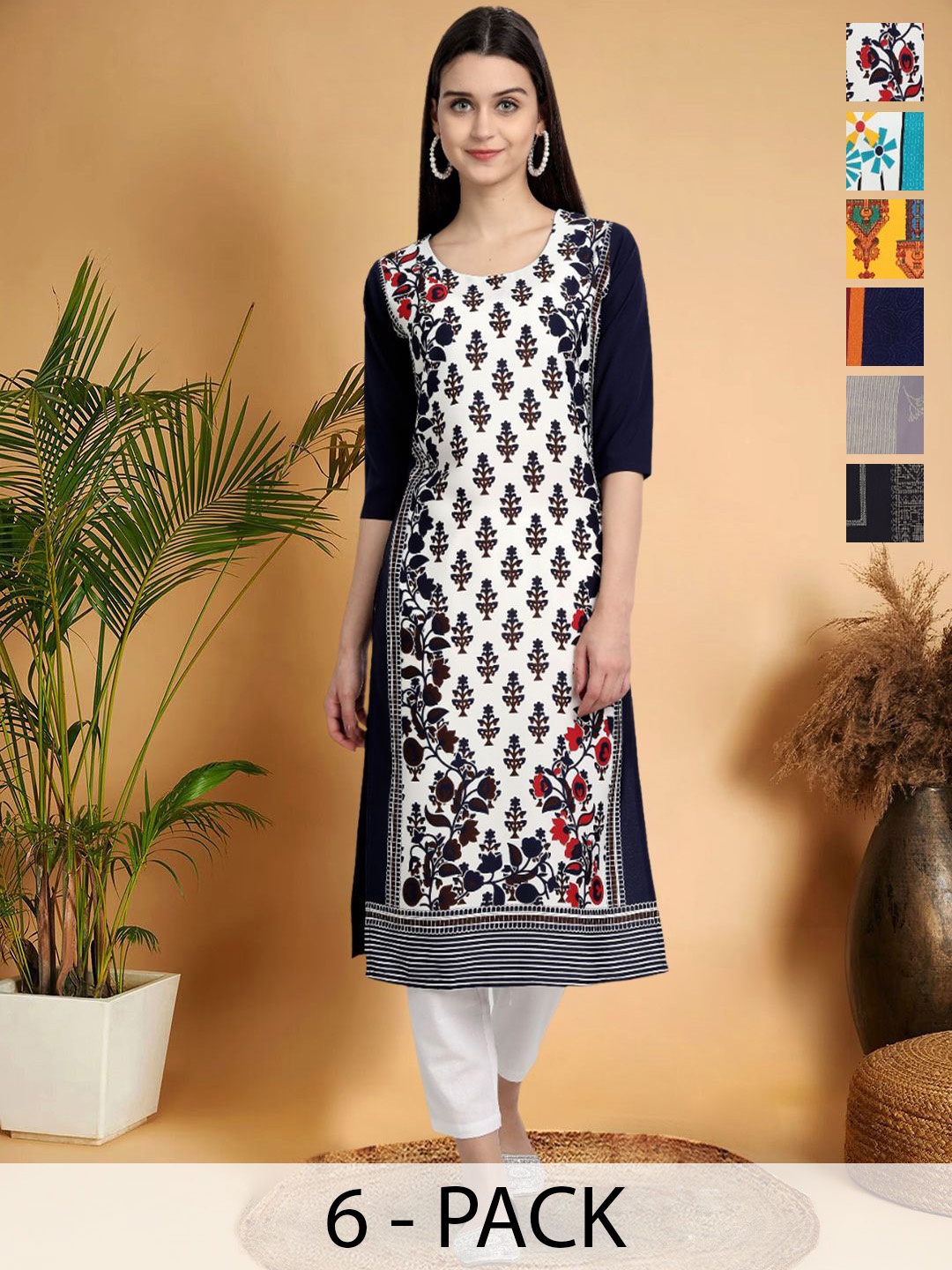 

7Threads Selection Of 6 Ethnic Motifs Printed Round Neck Straight Kurtas, Navy blue