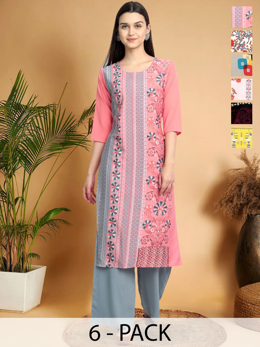 

7Threads Selection Of 6 Geometric Printed Round Neck Straight Kurtas, Pink