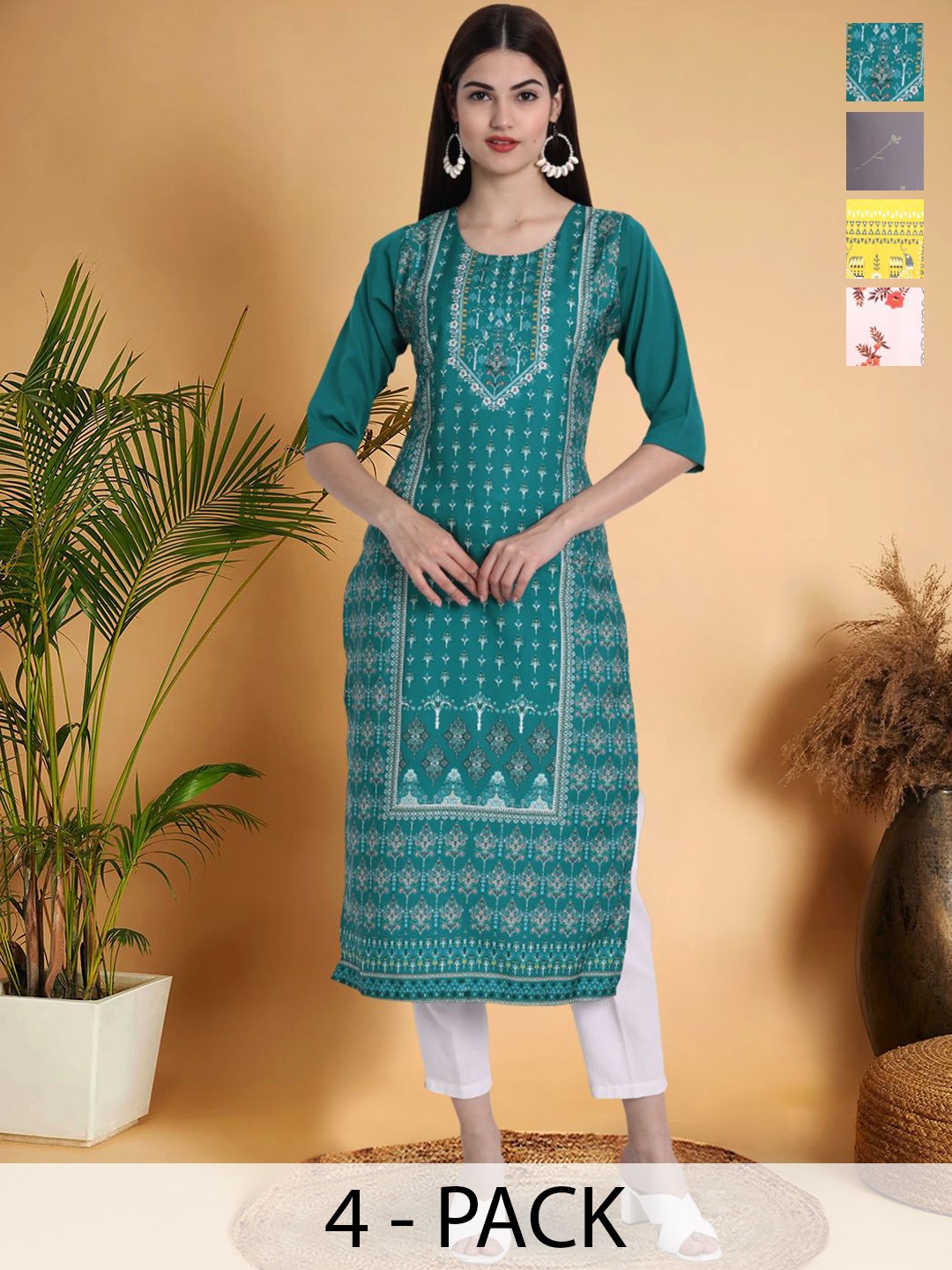 7Threads Selection Of 4 Ethnic Motifs Printed Straight Kurtas, Teal