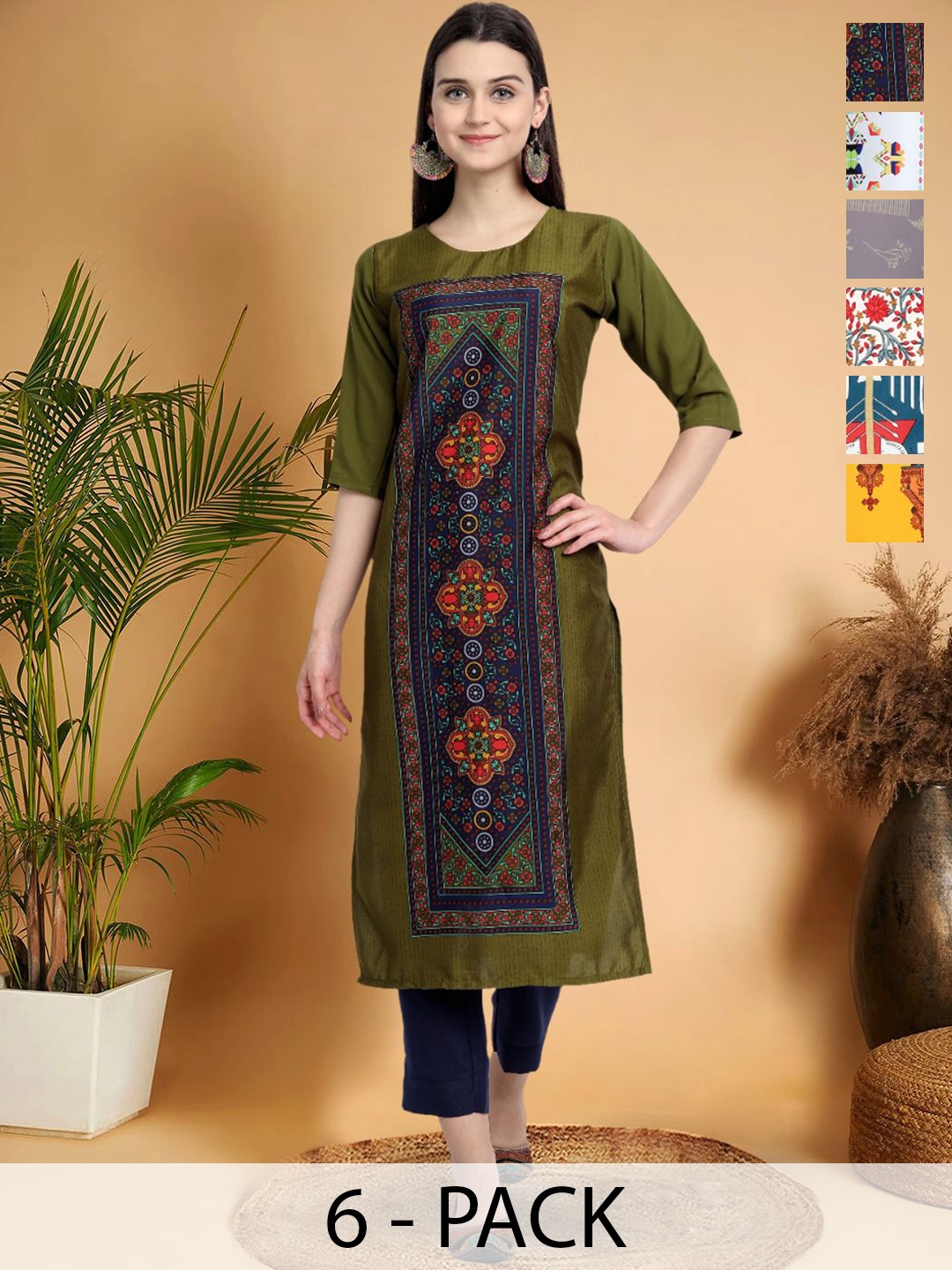 

7Threads Selection Of 6 Ethnic Motifs Printed Round Neck Straight Kurtas, Olive