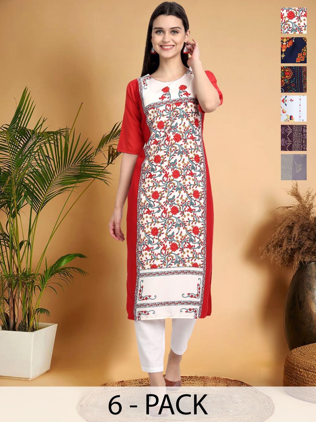 

7Threads Selection Of 6 Floral Printed Round Neck Straight Kurta, Red