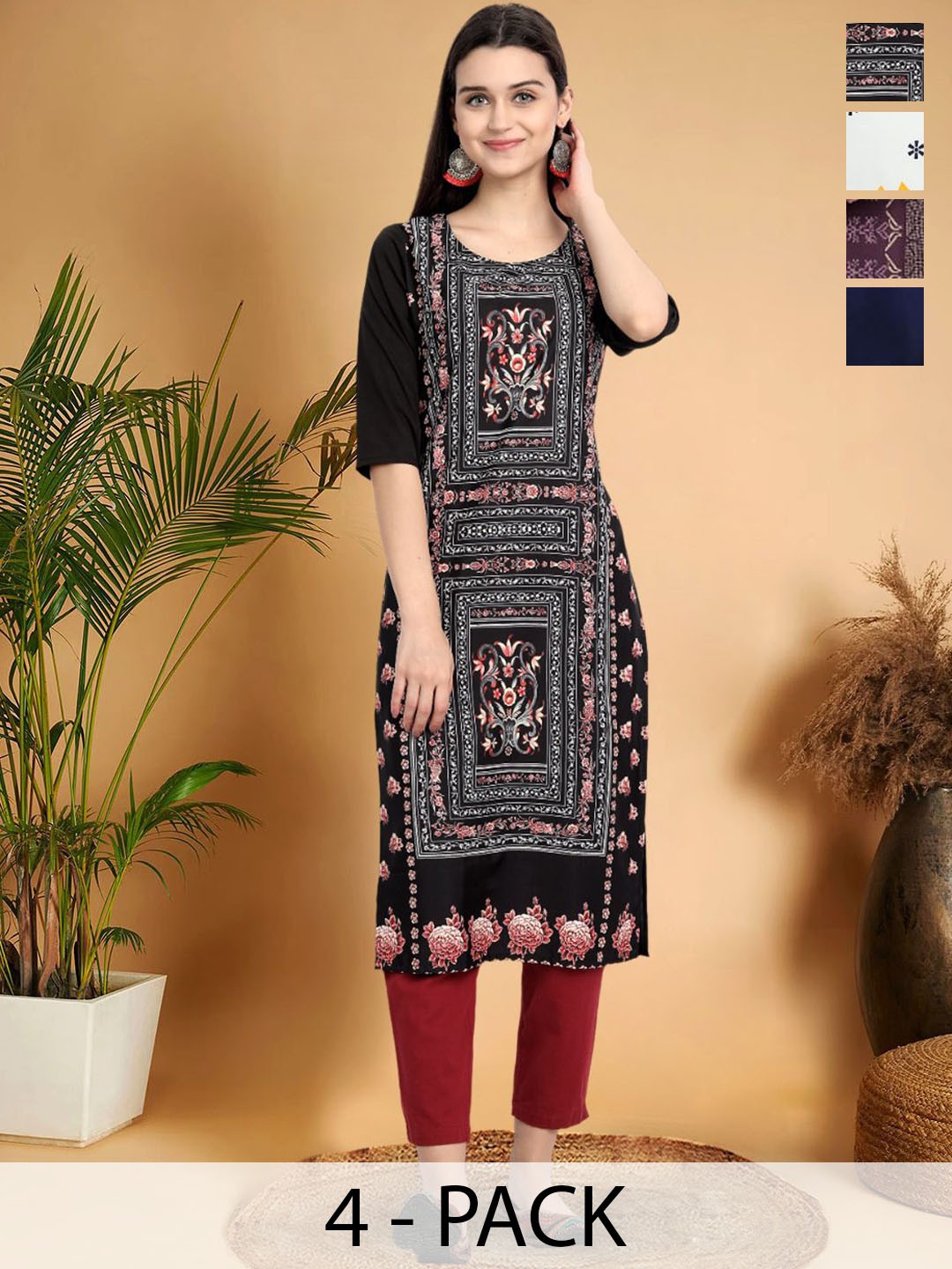 

7Threads Selection Of 4 Floral Printed Round Neck Straight Kurtas, Black