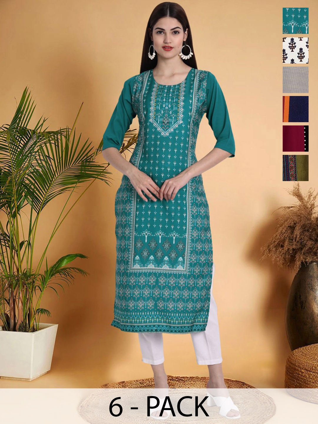 

7Threads Selection Of 6 Ethnic motifs Printed Round Neck Straight Kurta, Blue