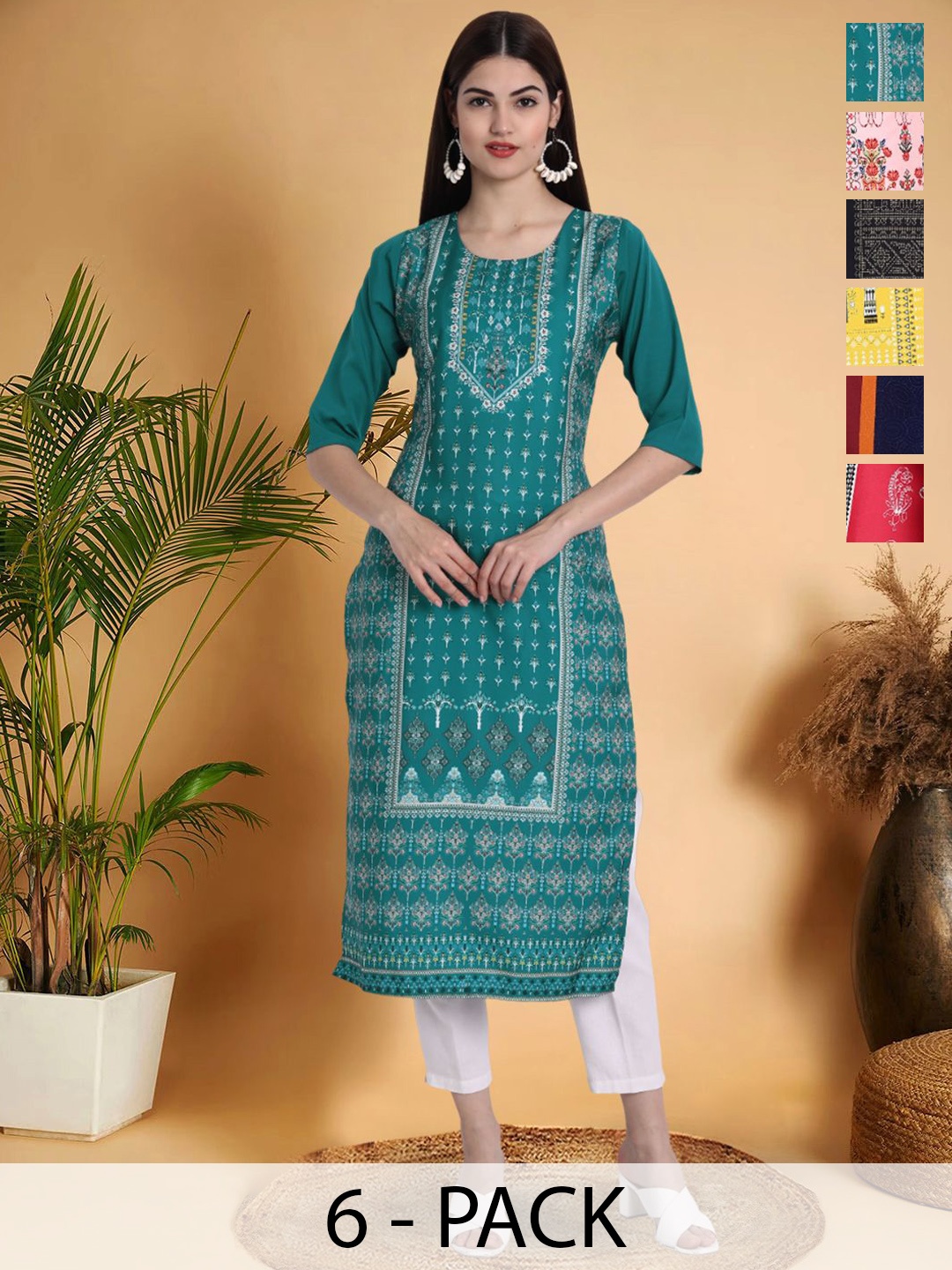 

7Threads Selection Of 6 Ethnic Motifs Printed Round Neck Straight Kurta, Blue