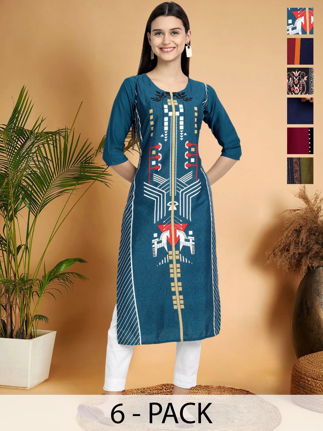

7Threads Selection Of 6 Geometric Printed Round Neck Straight Kurta, Teal