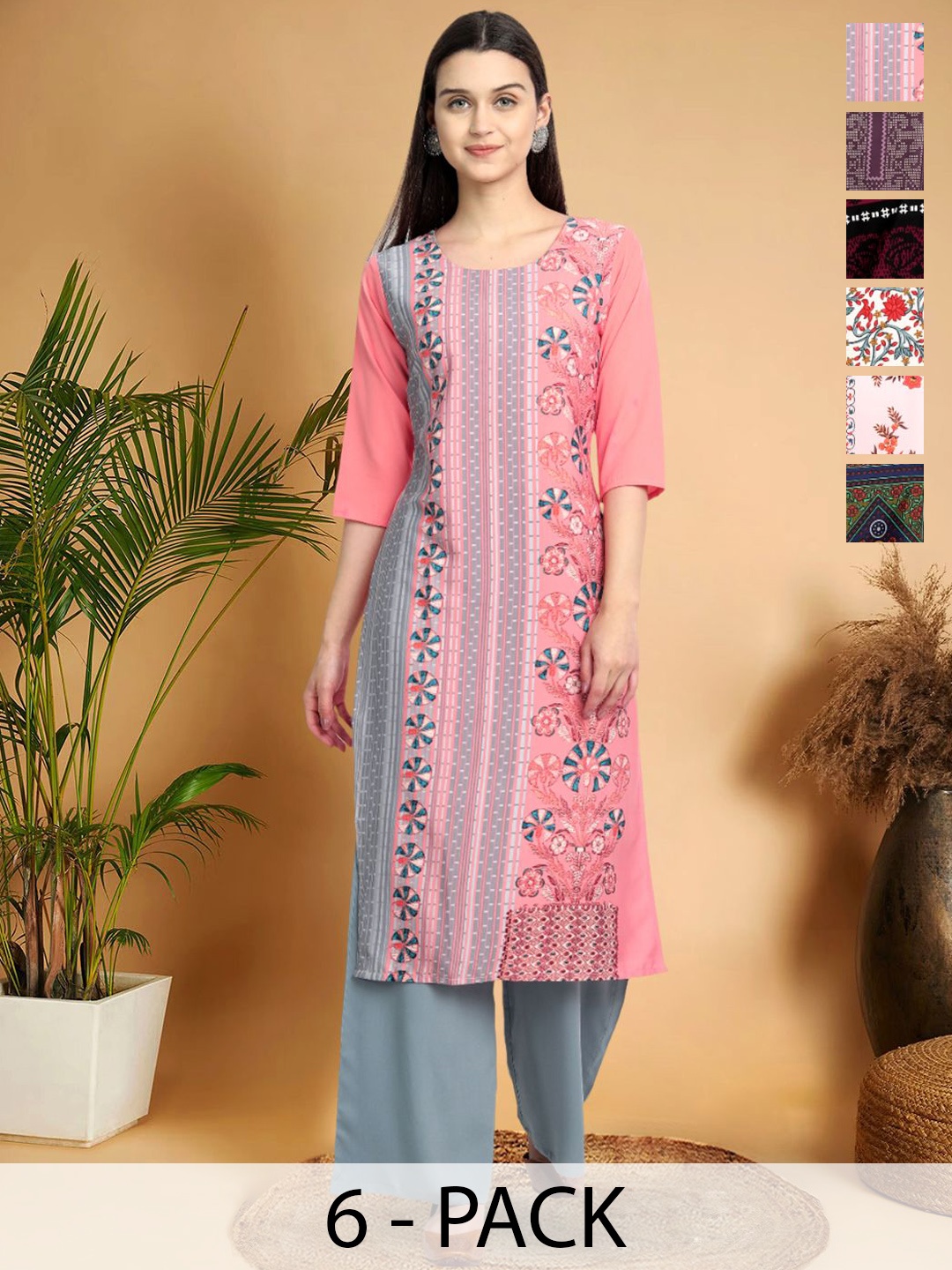 

7Threads Selection Of 6 Geometric Printed Round Neck Straight Kurta, Pink