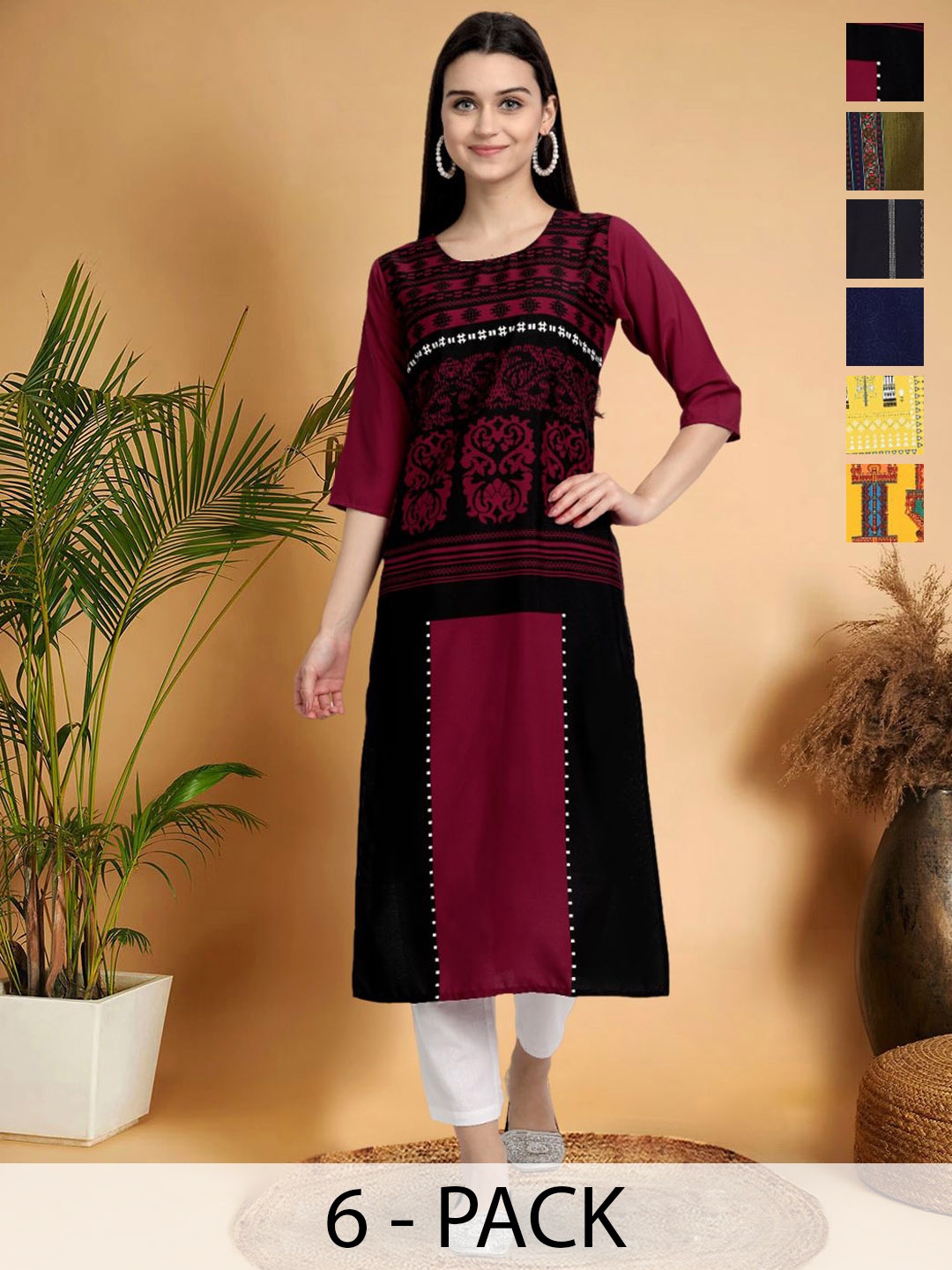 

7Threads Selection Of 6 Ethnic Motifs Printed Round Neck Straight Kurta, Maroon