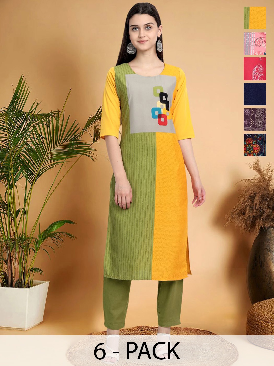 

7Threads Selection Of 6 Colourblocked Printed Round Neck Straight Kurtas, Yellow
