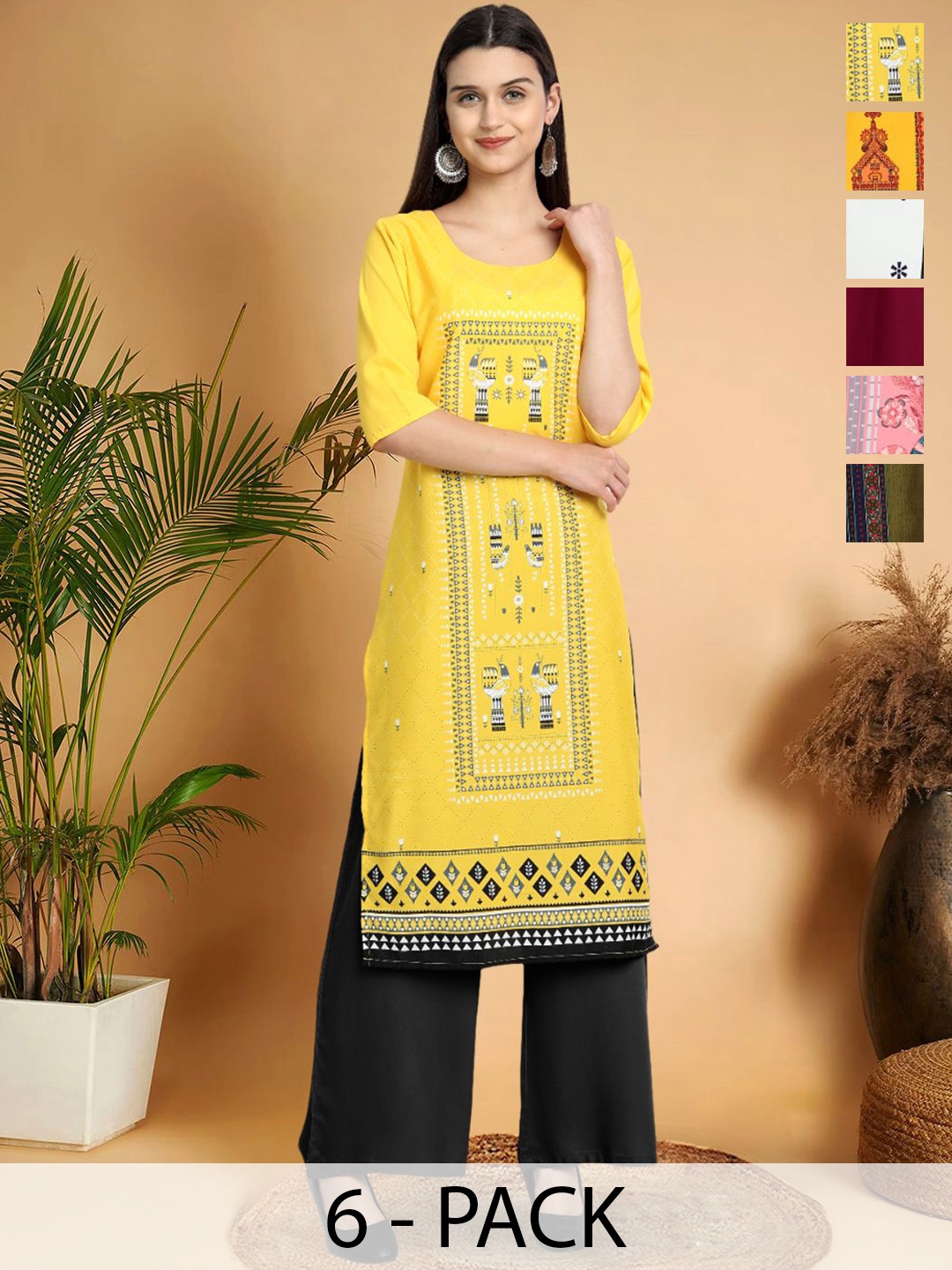 

7Threads Selection Of 6 Geometric Printed Round Neck Straight Kurtas, Yellow