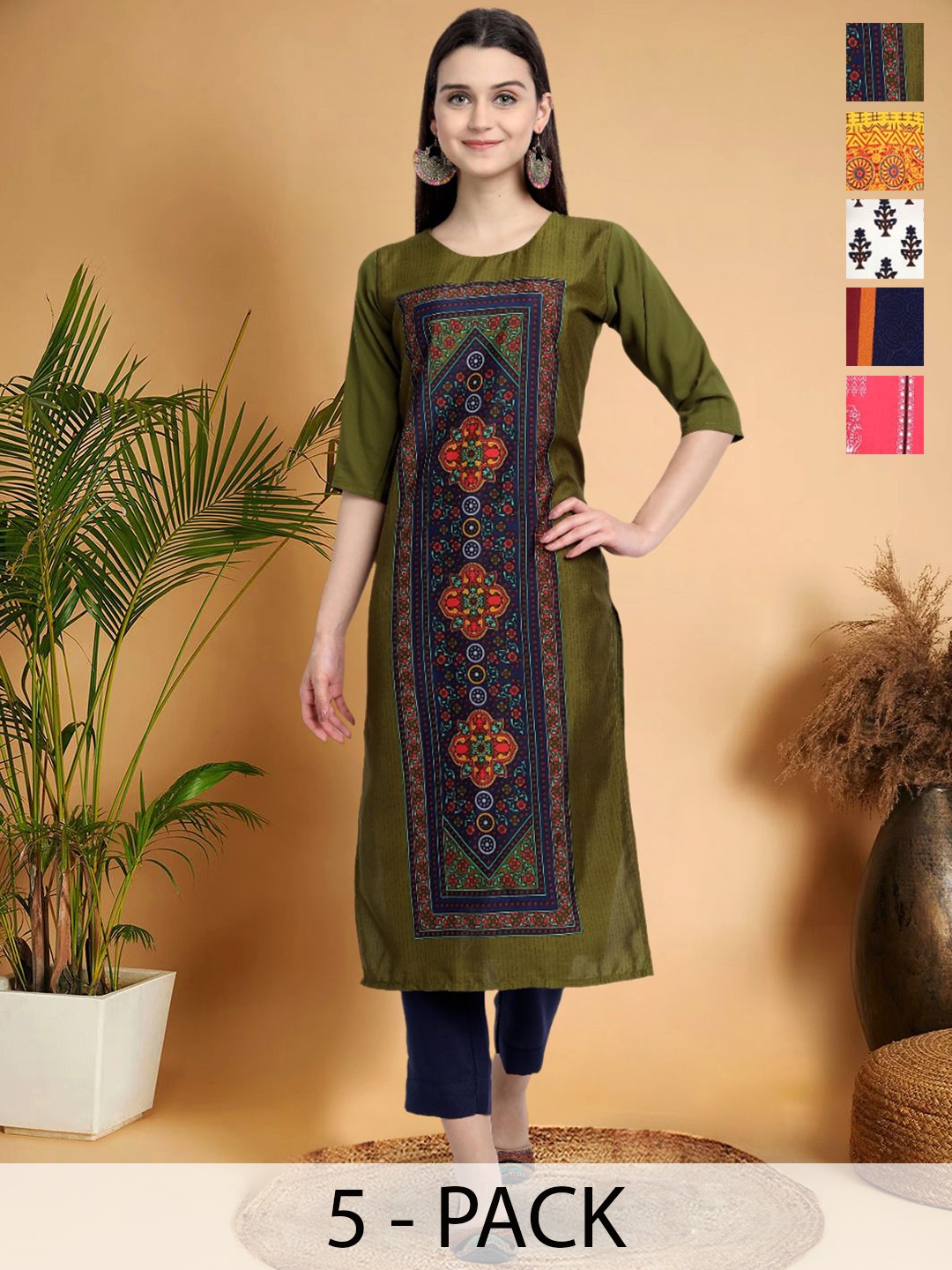 

7Threads Selection Of 6 Ethnic Motifs Printed Round Neck Straight Kurtas, Green