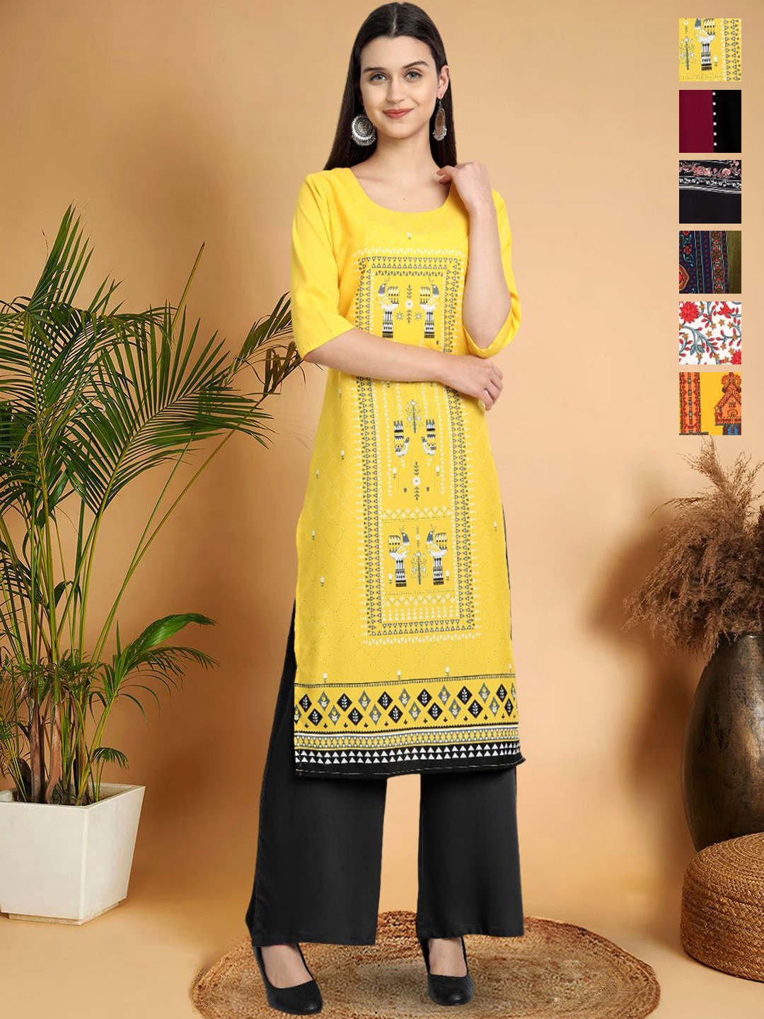

7Threads Selection Of 6 Geometric Printed Round Neck Straight Kurtas, Yellow