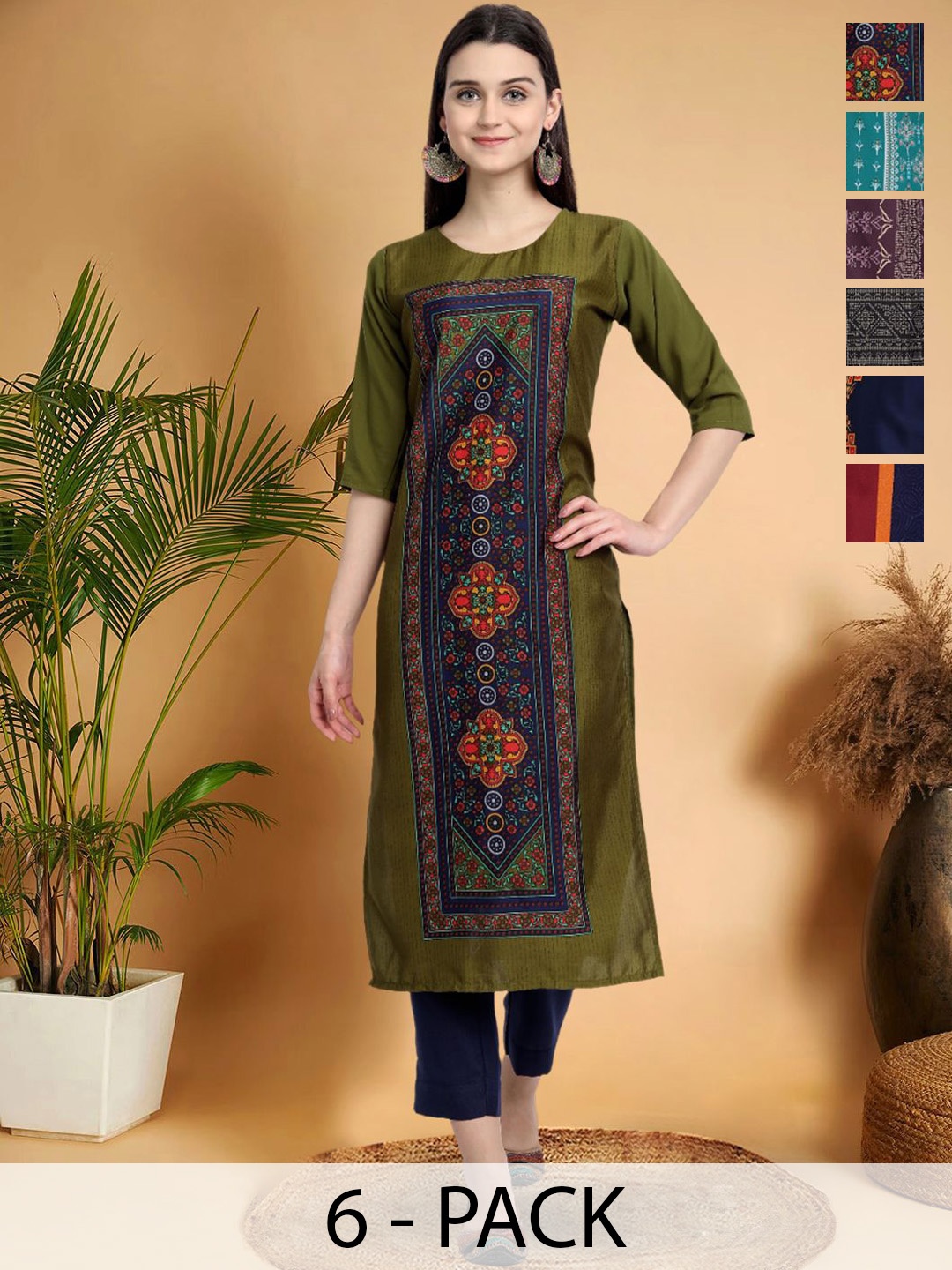 

7Threads Selection Of 6 Ethnic Motifs Printed Round Neck Straight Kurtas, Green