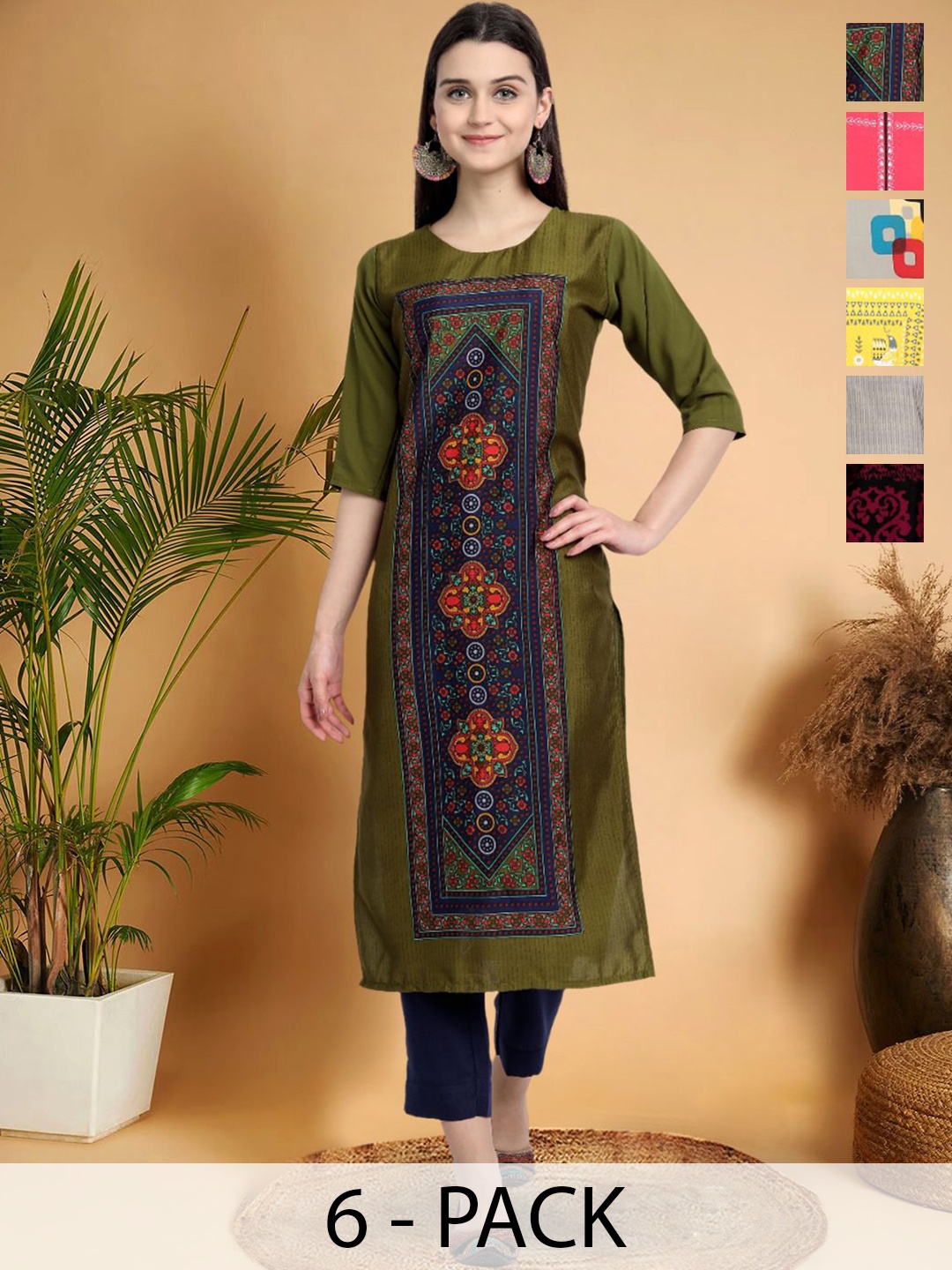 

7Threads Selection Of 6 Ethnic Motifs Printed Round Neck Straight Kurtas, Green