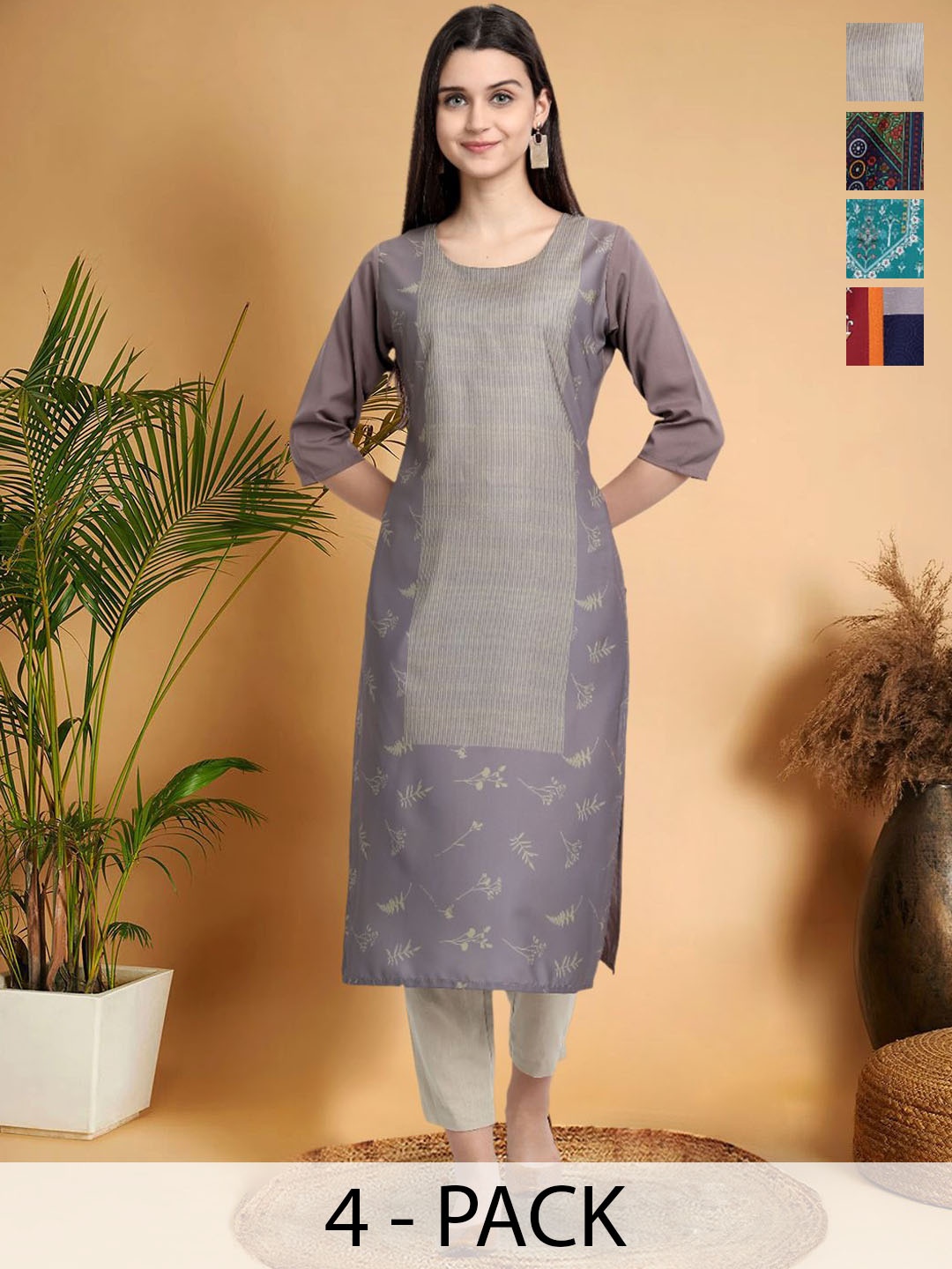 

7Threads Selection Of 6 Ethnic Motifs Printed Round Neck Straight Kurtas, Grey