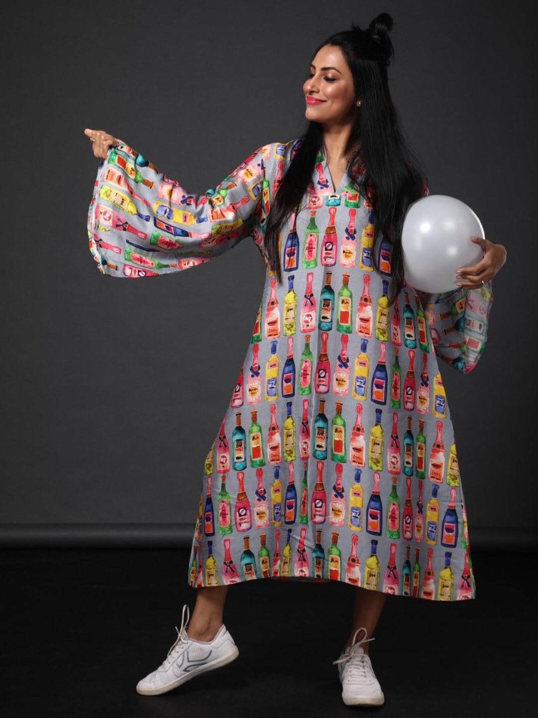 

IZU Floral Print Flared Sleeve Satin A-Line Midi Dress, Multi
