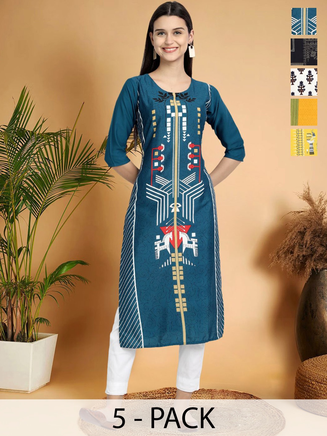 

7Threads Selection Of 5 Geometric Printed Round Neck Straight Kurtas, Teal