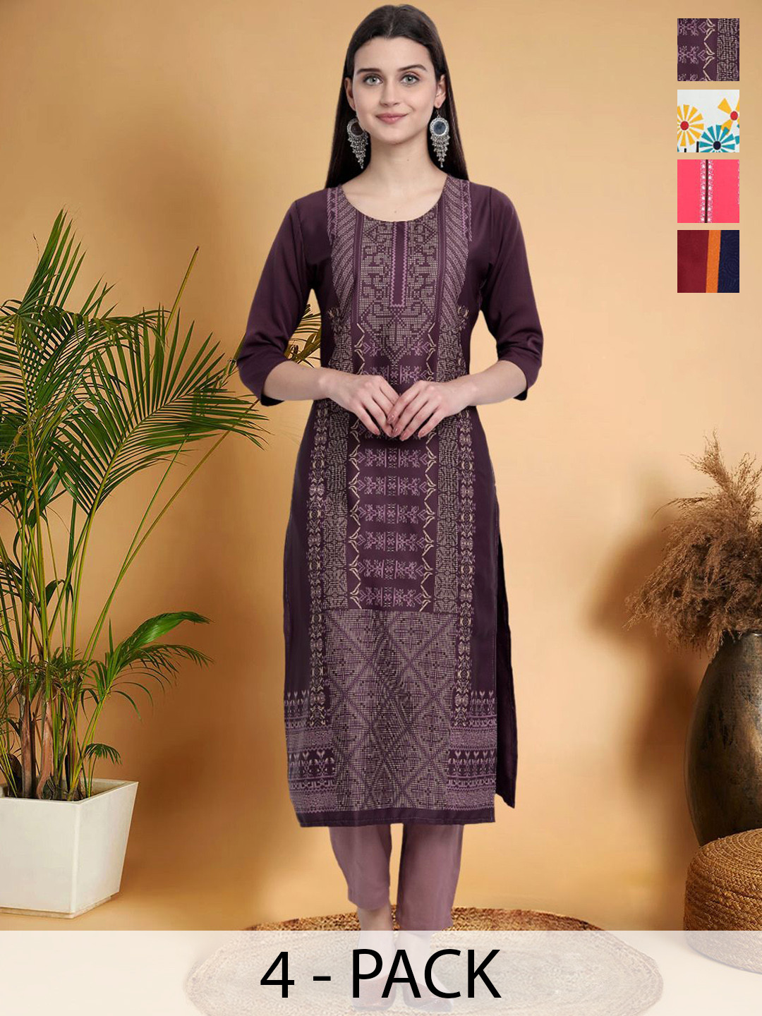 

7Threads Selection Of 4 Ethnic Motifs Printed Round Neck Straight Kurtas, Purple
