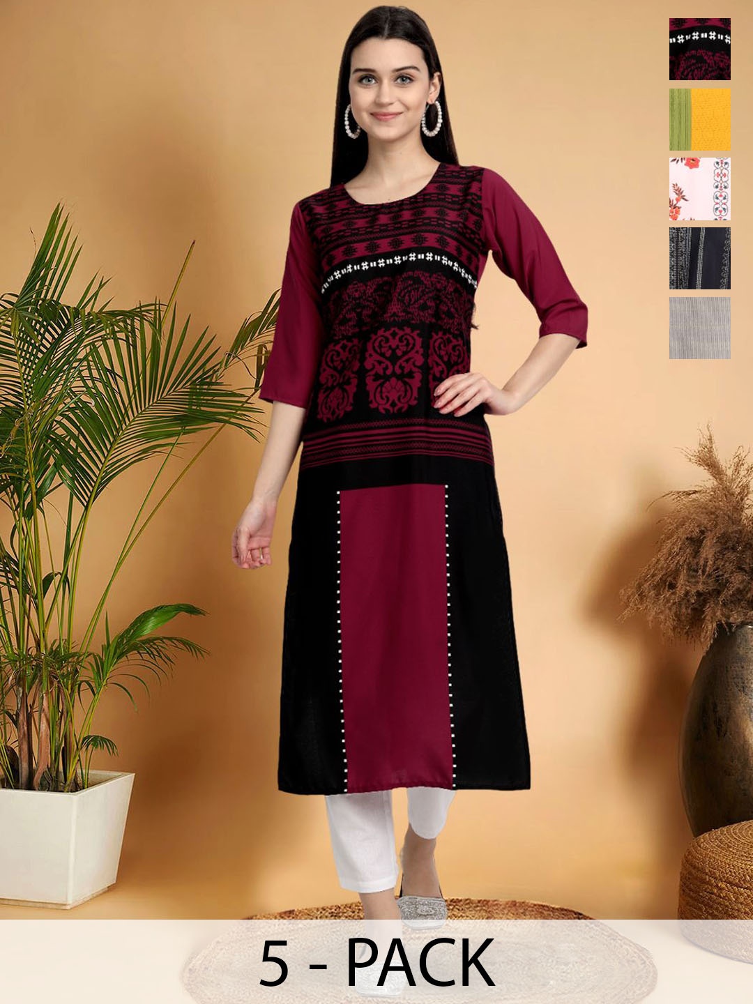 

7Threads Selection Of 5 Ethnic Motifs Printed Round Neck Straight Kurtas, Red
