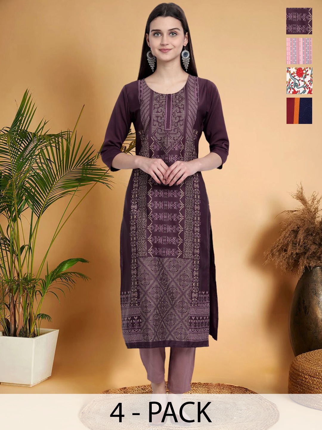 

7Threads Selection Of 4 Ethnic Motifs Printed Round Neck Straight Kurtas, Purple
