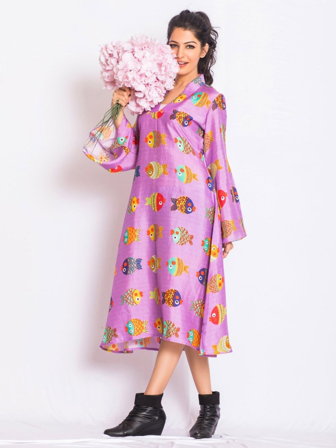 

IZU Women Floral Printed Bell Sleeve Satin A-Line Midi Dress, Multi