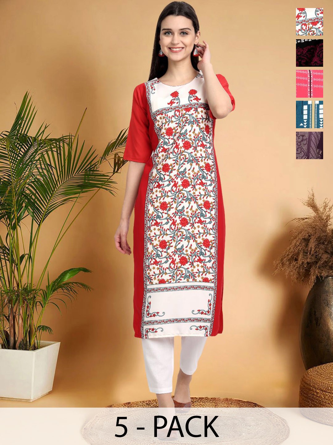 

7Threads Selection Of 5 Ethnic Motifs Printed Round Neck Straight Kurtas, Red