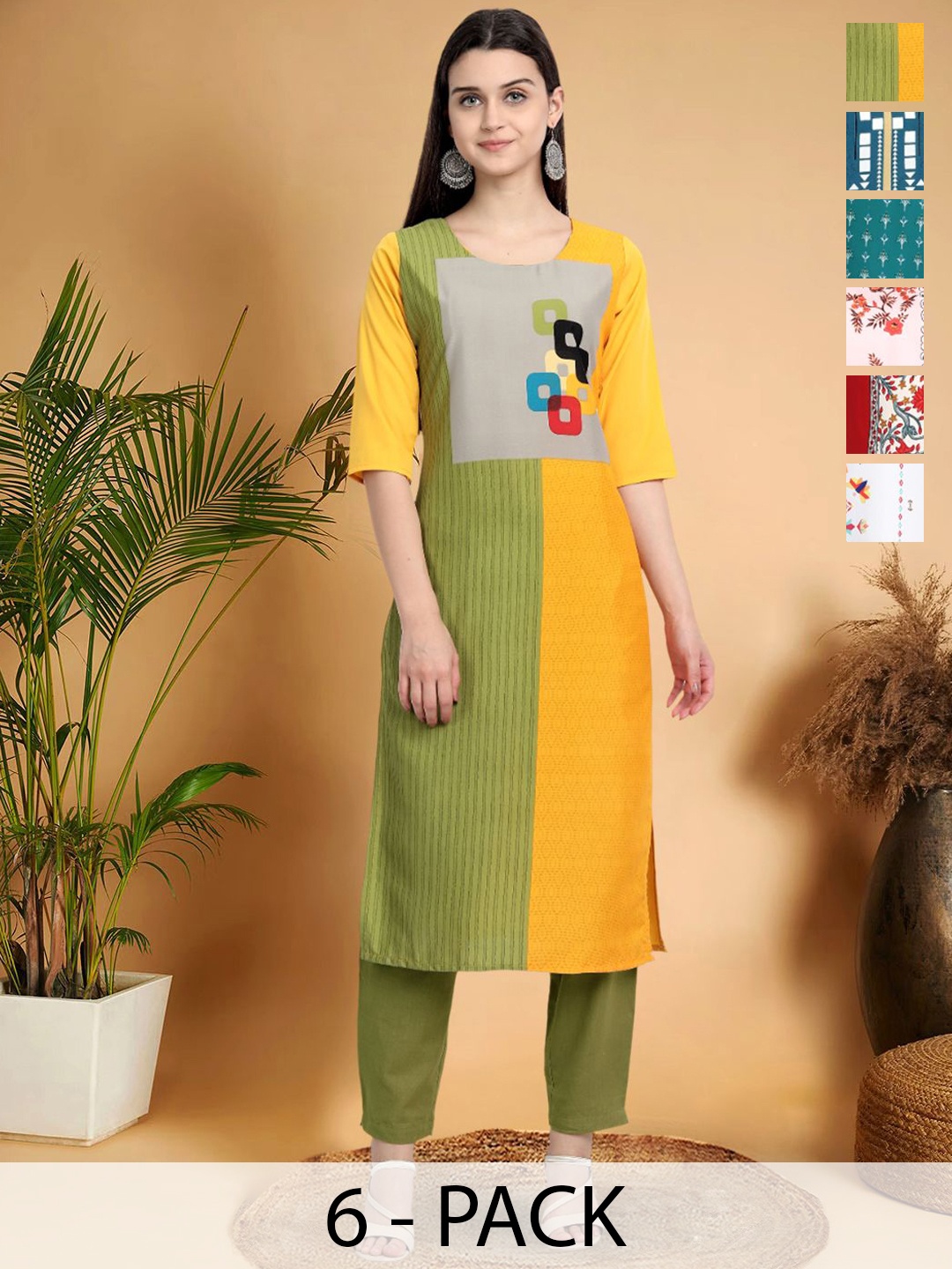 

7Threads Selection Of 6 Geometric Printed Round Neck Straight Kurtas, Yellow