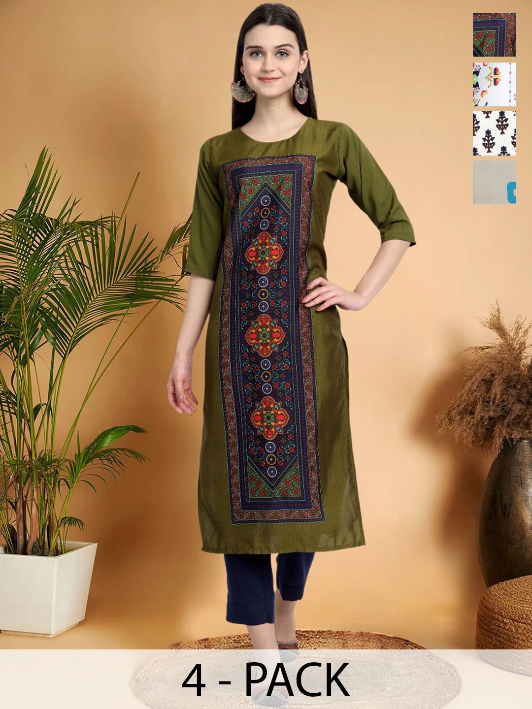 

7Threads Selection Of 4 Ethnic Motifs Printed Round Neck Straight Kurtas, Olive