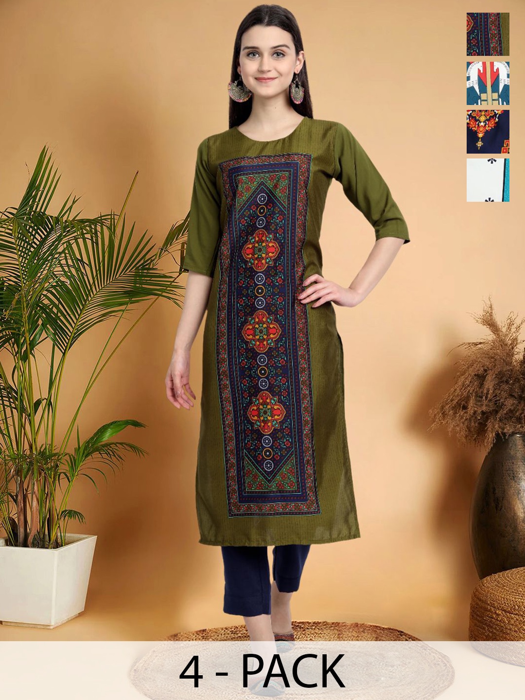

7Threads Selection Of 4 Ethnic Motifs Printed Round Neck Straight Kurtas, Olive