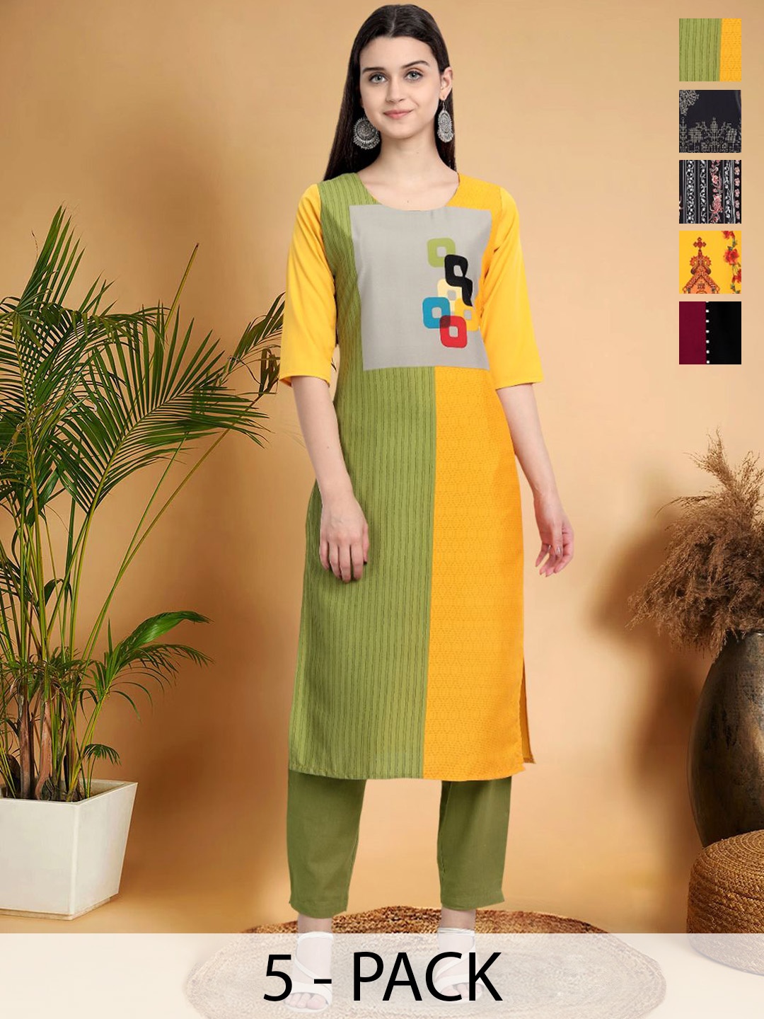 

7Threads Selection Of 5 Colour Blocked Round Neck Straight Kurtas, Yellow