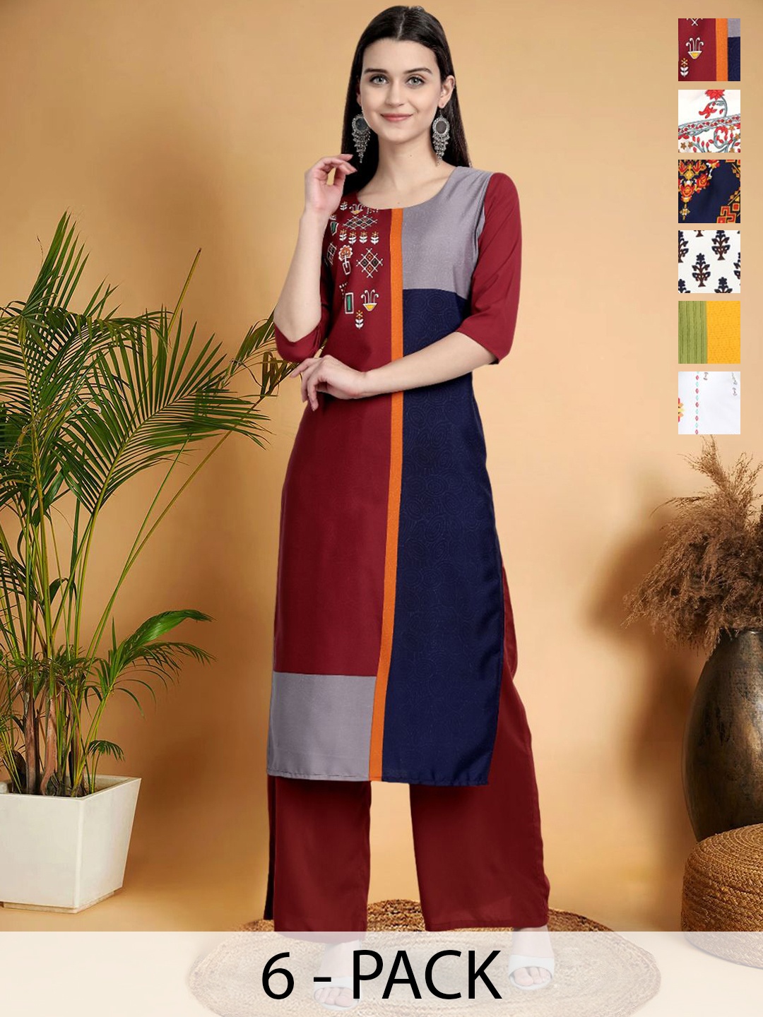 

7Threads Selection Of 6 Color Blocked Round Neck Straight Kurtas, Maroon