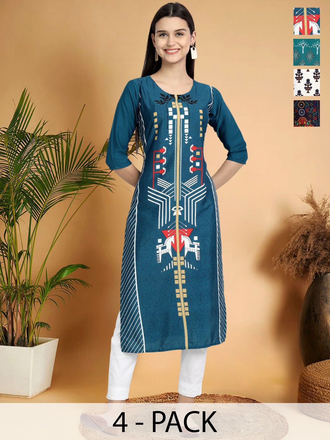 

7Threads Selection Of 4 Geometric Printed Round Neck Straight Kurtas, Turquoise blue