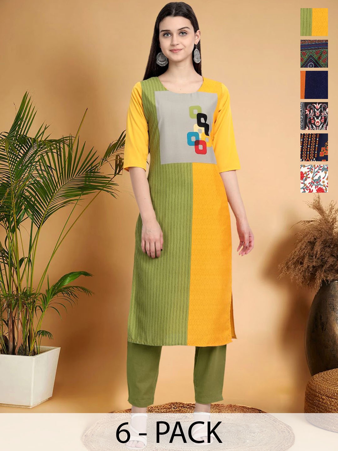 

7Threads Selection Of 6 Color Blocked Round Neck Straight Kurtas, Yellow