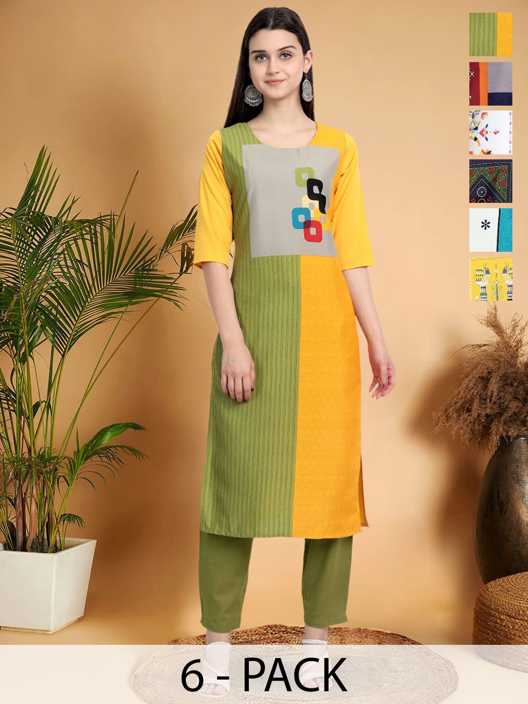 

7Threads Selection of 6 Ethnic Motifs Printed Round Neck Straight Kurta, Yellow