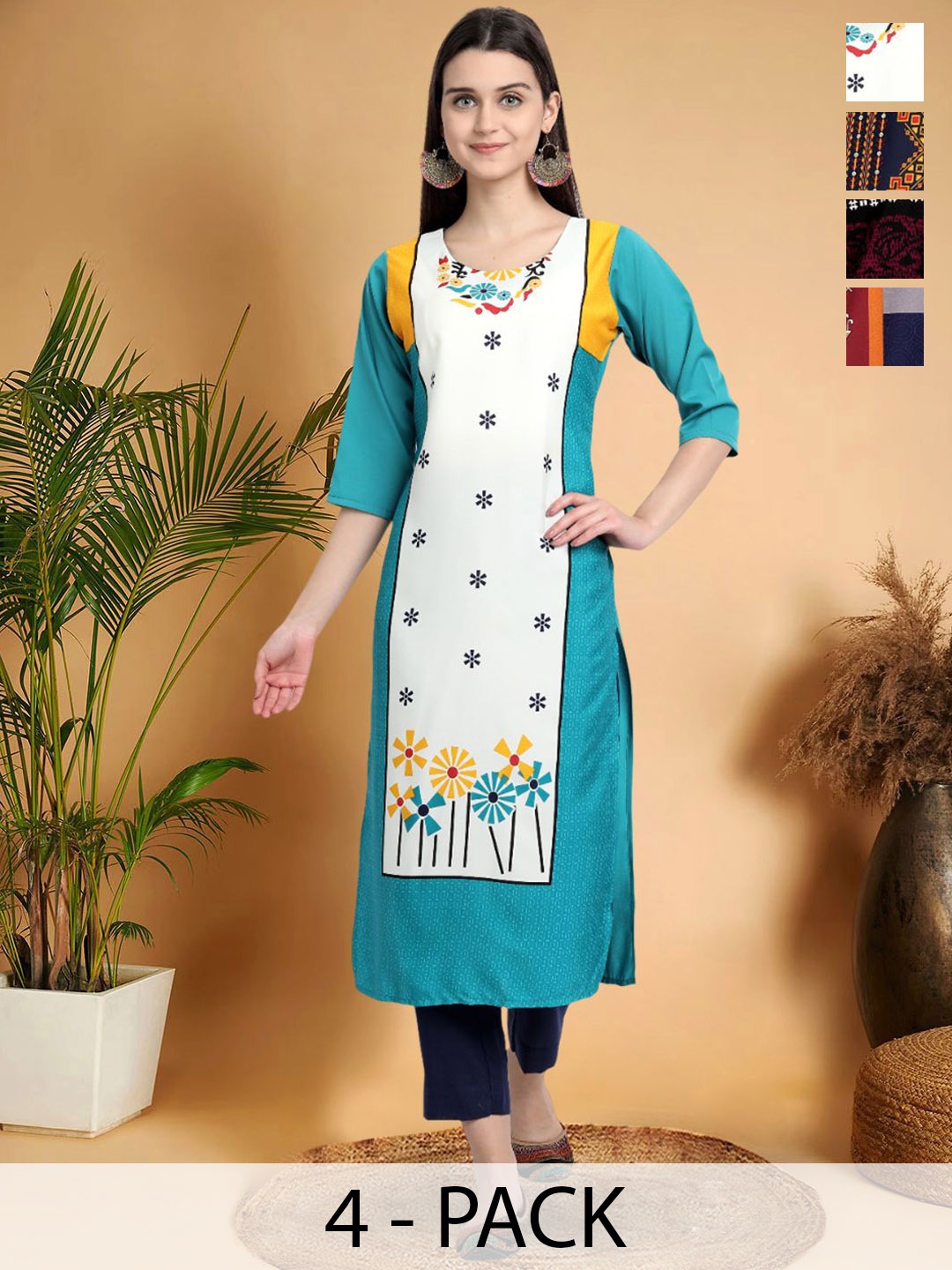 

7Threads Selection of 4 Ethnic Motifs Printed Round Neck Straight Kurtas, White