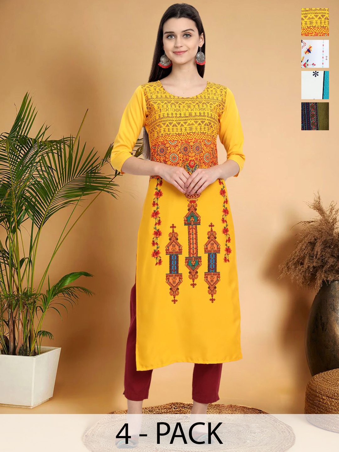 

7Threads Selection of 4 Ethnic Motifs Printed Round Neck Straight Kurta, Yellow