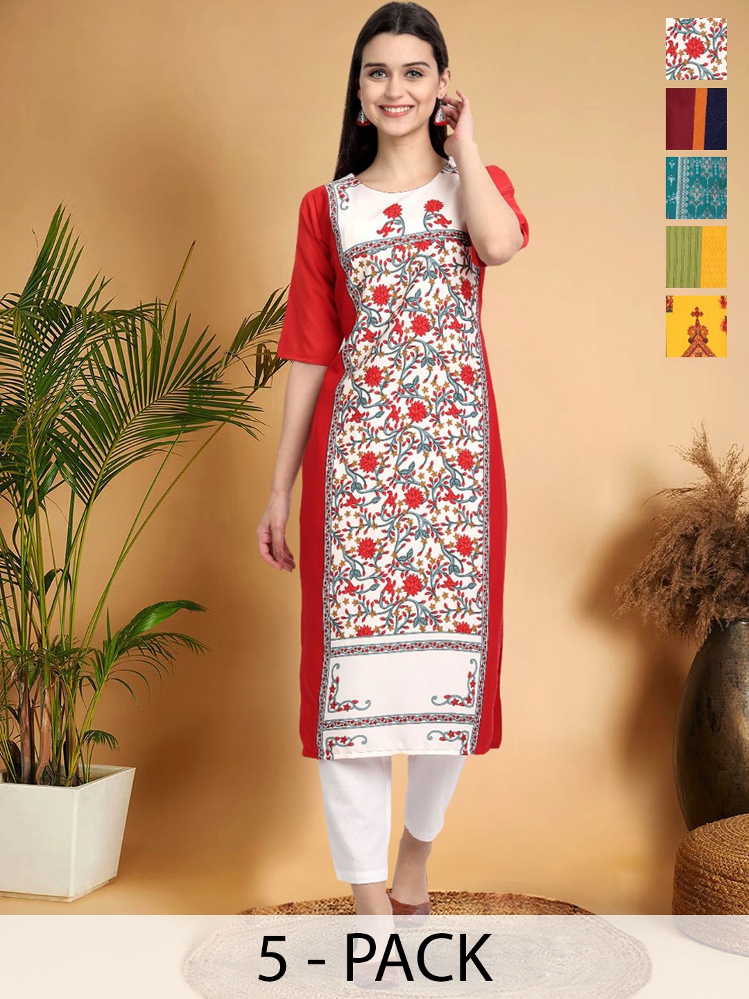 

7Threads Selection of 5 Ethnic Motifs Printed Round Neck Straight Kurtas, White
